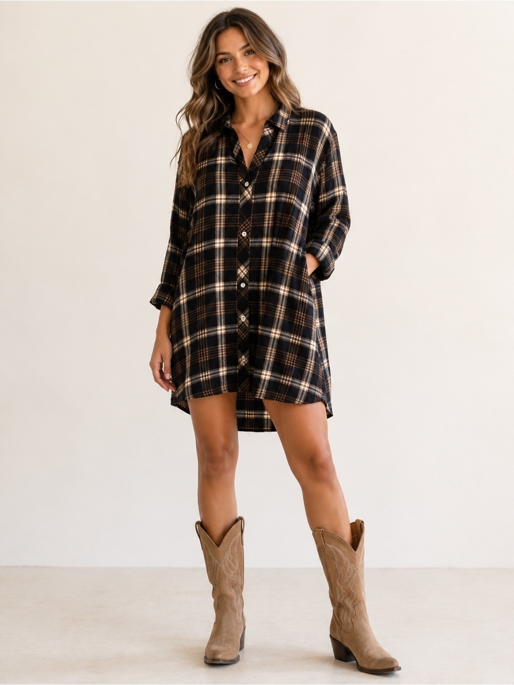 J.Jill Black Brown Plaid Button-Front Shirt dress relaxed oversized boho size L